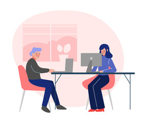 Emloyees Working with Computers, Business Characters Working in Creative Coworking Space, Modern Office Interior Vector Illustration