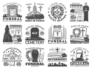 Funeral service icons with coffins and cemetery tombstones vector design of burial, cremation and interment memorial ceremony. Urn, Bibles and flower wreath, grave crosses, candles, church, priest