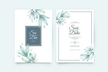 Wedding invitation set template with beautiful leaves watercolor