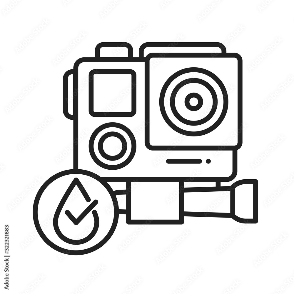 Poster waterproof action camera black line icon. water repellent electronic device concept. pictogram for w