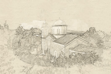 Sketch of monastery of Agios Ioannis inside Koroni fortress