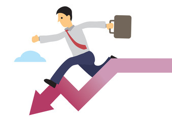 Businessman running down the down arrow. Concept of recession or stock economy crash.