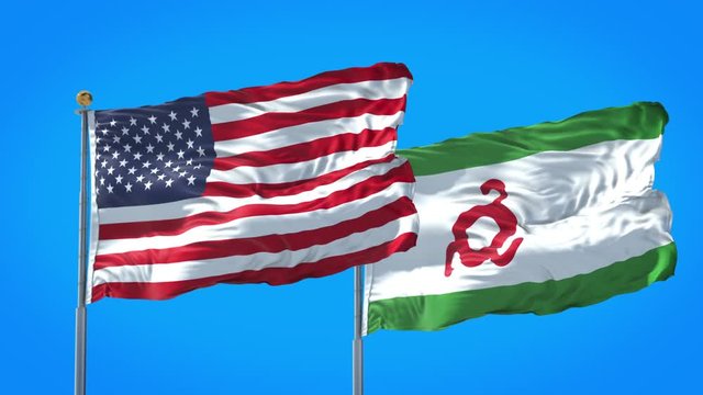Ingushetia and United States flag waving in deep blue sky together. High Definition 3D Render.