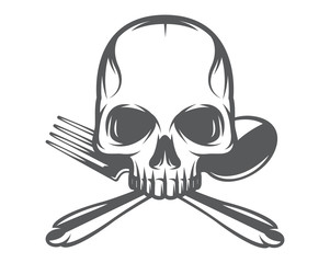 Vector monochrome pattern with skull, spoon and fork