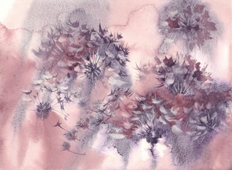 dandelion clockin the violet grunge watercolor background