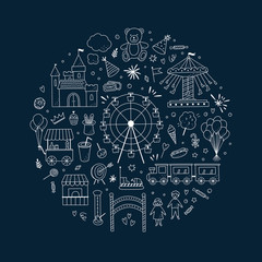 Amusement park round concept on dark background. Vector set of festival and carnival icons and illustrations