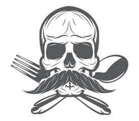 Vector monochrome pattern with skull, spoon and fork
