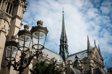 Fototapeta na wymiar The burnt spire of Notre Dame de Paris color photo