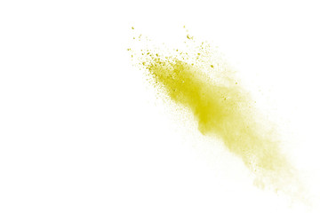 Fototapeta na wymiar Yellow powder explosion on white background. Colored cloud. Colorful dust explode. Paint Holi.