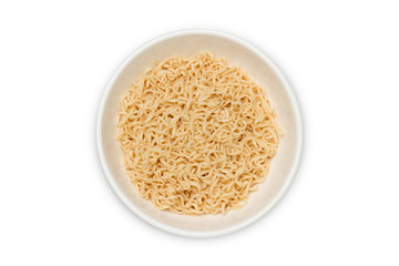 Instant Noodles. Instant Noodles in ceramic bowl top view isolated on white background.