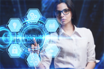 Business, Technology, Internet and network concept. Young businessman working on a virtual screen of the future and sees the inscription: Business model