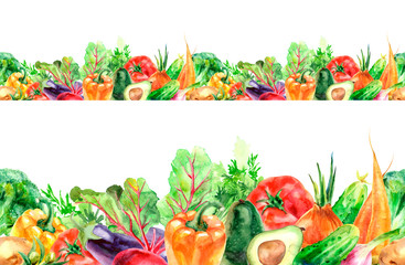 Watercolor illustration of seamless borders, ribbons, vegetables.