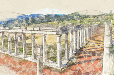 Sketch of  ruins of stadium in ancient Messena, Peloponnese