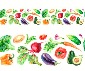 Watercolor pattern of seamless borders, ribbons, vegetables.