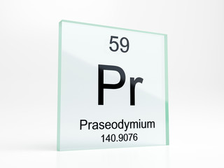Praseodymium element symbol from periodic table on glass icon - realistic 3D render