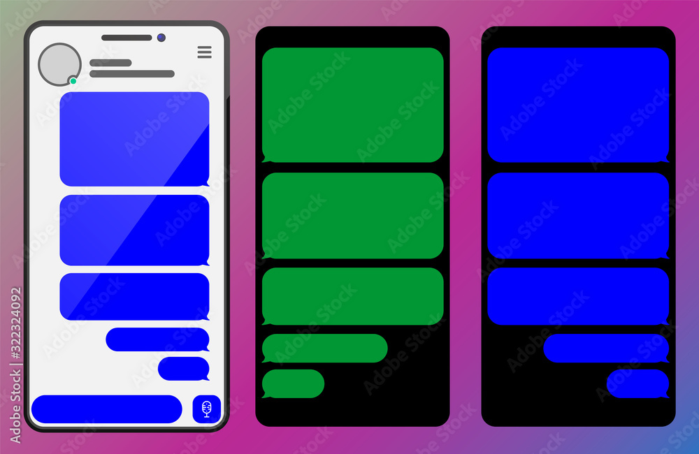 Poster Realistic mobile phone with message text box screen chat bubble. Empty messaging bubles. Set smartphone conversation dialog.