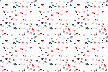 Abstract seamless background with multi-colored hearts on white canvas. Romantic pattern for Valentine's day. Festival of random falling and spinning confetti.