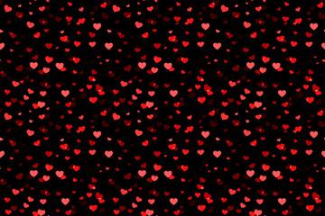 Fototapeta na wymiar Abstract seamless background picture with red hearts on a dark canvas. Romantic picture for Valentine's day. Festival random confetti.