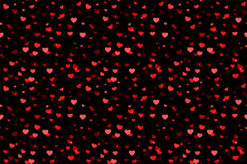 Abstract seamless background picture with red hearts on a dark canvas. Romantic picture for Valentine's day. Festival random confetti.