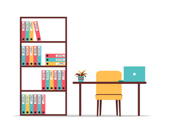 Empty office workplace with laptop and bookcase with folders. Cabinet. Vector illustration on an isolated background.