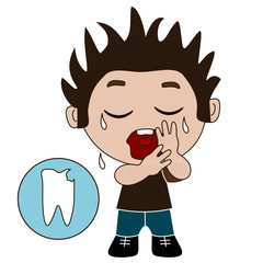 boy cries and holds her hand to her cheek because she has a toothache, color vector simple emoticon on a white isolated background