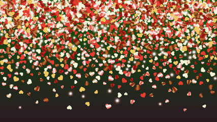 Realistic Background with Confetti of Hearts Glitter Particles. Sparkle Lights Texture. Celebration pattern. Light Spots. Explosion of Confetti. Glitter Vector Illustration. Design for Banner.