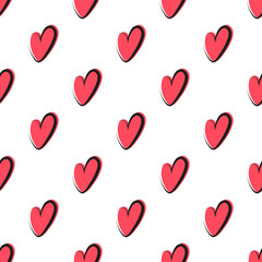 Fototapeta na wymiar Red hearts with black outline isolated on a white background. Seamless pattern. Vector drawing. Texture.
