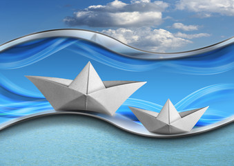 Obraz premium 3D illustration and photography of two paper boats in the sea with blue sky and clouds