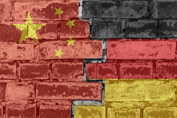 Chinese and German flag against a brick wall