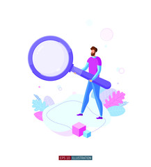 Trendy flat illustration. Man with magnifying glass. Search symbol. Template for your design works. Vector graphics.