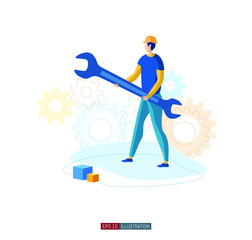 Trendy flat illustration. A man in a helmet with a wrench. Symbol of repair and restoration equipment. Workshop. Service. Warranty. Template for your design works. Vector graphics.