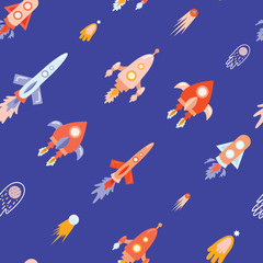Fototapeta na wymiar Space elements seamless pattern with cartoon spaceship, rockets, comet, falling star, fireball, meteorite, meteoroid on blue backdrop, arranged in diagonal line. Vector illustration for children.