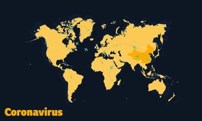 Map of China with deadly coronavirus. Wuhan China. 2019-nCov