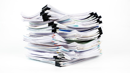 Stacks of business paper files isolated on white background, business report papers, piles of unfinished documents