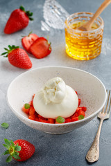 Gourmet burrata cheese with strawberry tartare with mint and honey in a light plate on a gray concrete or stone background. Breakfast. Delicious appetizer. Selective focus