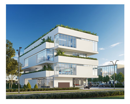 3d Rendering Of A Modern Eco Friendly Business Office Building