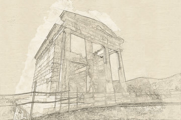 Sketch of  ruins of Mausoleum in ancient Messina, Greece