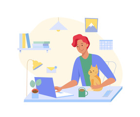 Young freelancer man working at home with cat at his laptop. Home Office interior. Vector illustration