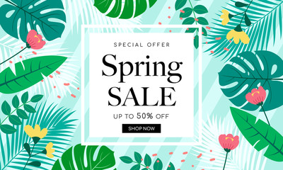 Spring Sale Background Banner Vector illustration. Beautiful flower forest frame on green striped 