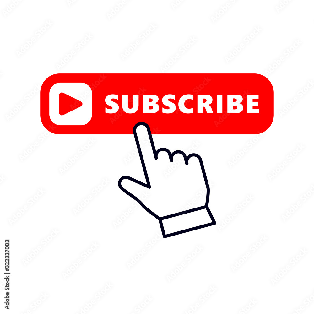 Poster hand pointer or cursor mouse clicking on red subscribe button linear icon. symbol in form of choosin