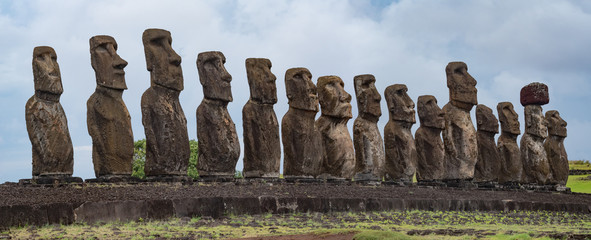 Ahu Tongariki is the largest ahu on Easter Island at sunrise, Chile