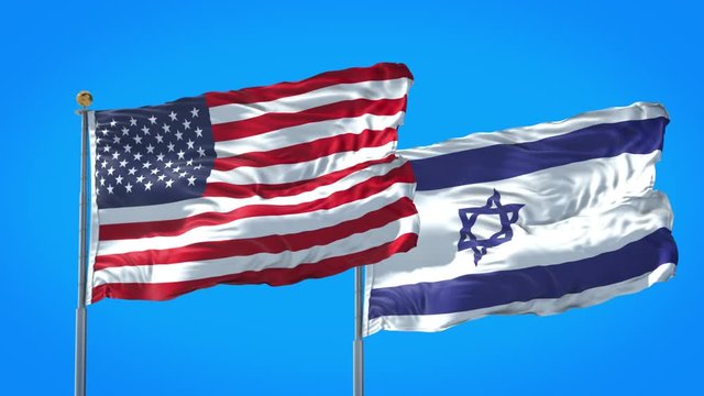 Israel and United States flag waving in deep blue sky together. High Definition 3D Render.