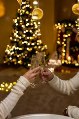 vertical closeup photo of female and male hands clinking champagne glasses