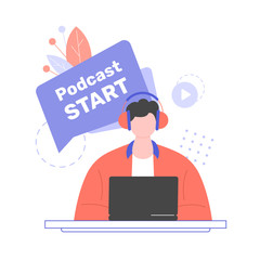 Male teacher or expert at a laptop. Record an online podcast or tutorial webinar. Vector flat illustration with a bright character.