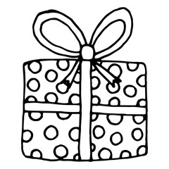 Cute gift, present, box with a pattern, bow and ribbon. Сoncept New Year, Christmas, holidays, birthday. Hand drawn vector illustration in doodle style outline drawing isolated on white background.