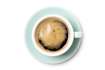 blue coffee cup top view closeup isolated on white background.