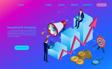 Investment analysis concept. analysis of sales, statistic grow data, accounting infographic with characters. flat isometric vector illustration