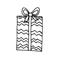 Cute gift, present, box with a pattern, bow and ribbon. Сoncept New Year, Christmas, holidays, birthday. Hand drawn vector illustration in doodle style outline drawing isolated on white background.