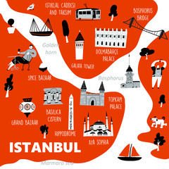 Istanbul stylized map with main tourists attractions and cultural symbols, made in vector.