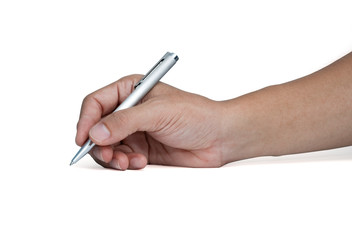 Hand hold pen and writing on white background. Isolated with clipping path.